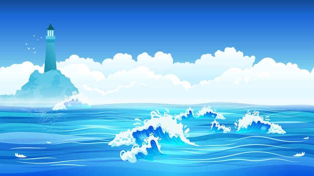 Gratis vector blauwe zee golven vuurtoren hemel wolken illustratie