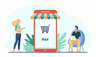Gratis vector blije kleine klanten die betalen in een online winkel