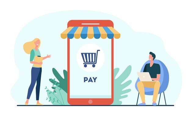 Blije kleine klanten die betalen in een online winkel