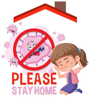 Blijf alsjeblieft thuis banner met kinderen en geen virusteken