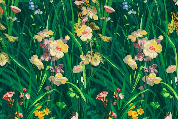 Bloeiende bloemen vector groene achtergrond vintage stijl