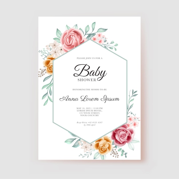 Bloem geel roze aquarel baby shower uitnodiging sjabloon