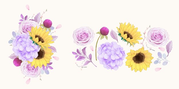 Bloem illustraties van paarse roos hortensia en zonnebloem