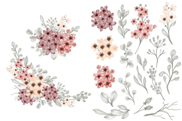 Bloem klein en bladeren geïsoleerde illustraties en bloemstuk