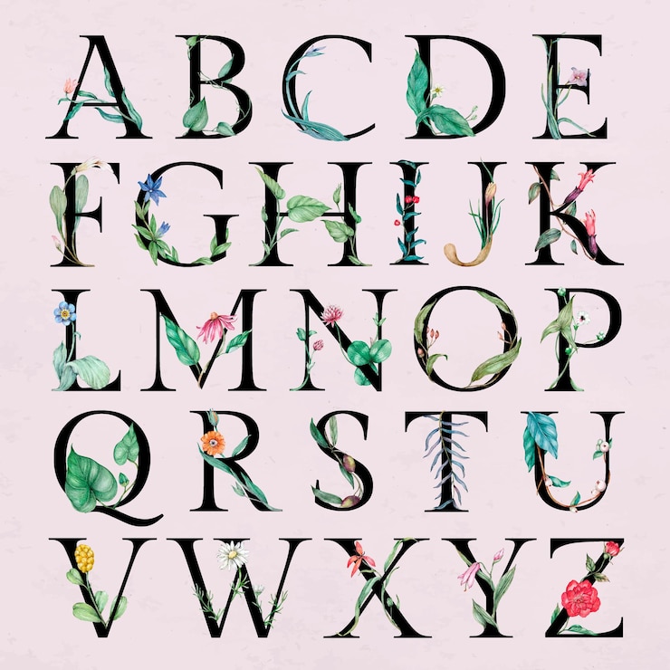 Gratis Vector bloem versierd alfabet set botanische letters