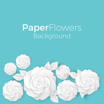 Bloemen achtergrond met papier bloeiende witte 3d-rozen met bladeren, vector illustratie wenskaart ontwerp met plaats voor tekst in blauwe kleuren