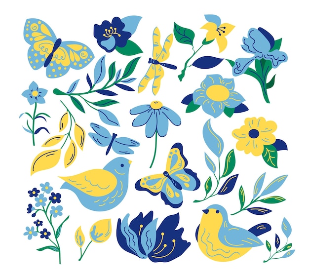 Bloemen en vogels in blauwe en gele kleuren. Mooie planten, vliegende vlinders op witte achtergrond cartoon afbeelding instellen. Natuur, dier, groen, flora, fauna concept