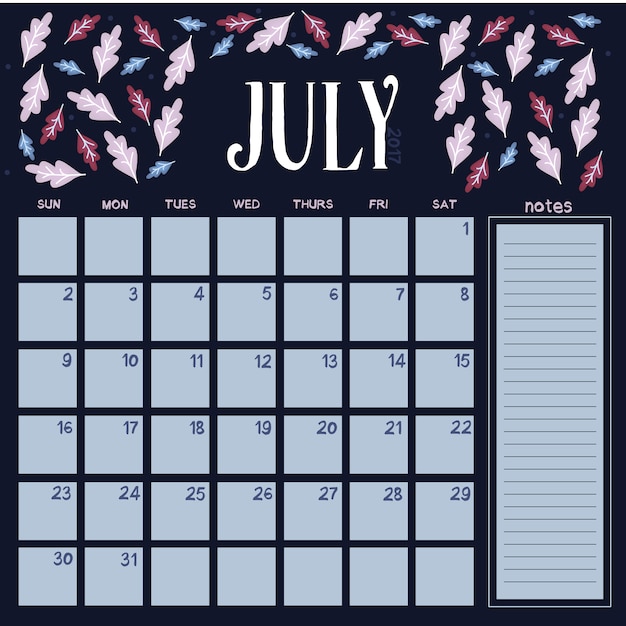 Bloemen juli kalender ontwerp