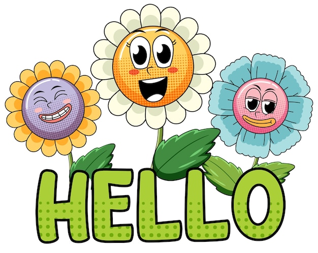 Gratis vector bloemen met hallo woorduitdrukking komische stijl