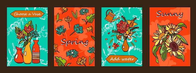Bloemen posters set. Trossen in vazen, bloesems illustraties met tekst op oranje en groene achtergrond.