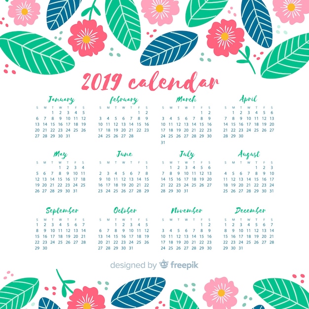 Gratis vector bloemenkalender 2019