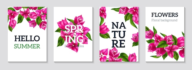 Bloemenposters set versierd met paarse bougainville bloemen en takken realistische vectorillustratie