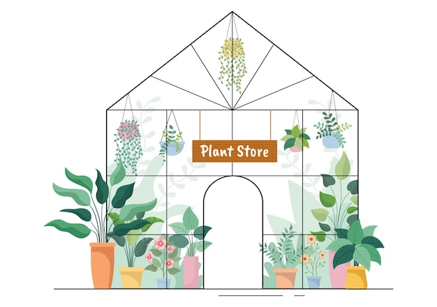 Bloemenwinkel en plantenwinkel met zorg voor bloemisten, biologische natuurlijke producten voor huistuin groene decoratie in platte vectorillustratie als achtergrond
