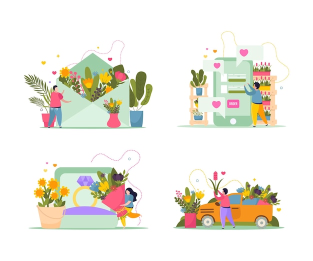 Bloemenwinkel samenstelling set met zakelijke symbolen platte geïsoleerde illustratie