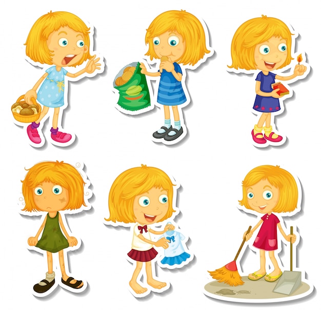 Gratis vector blond meisje dat verschillende activiteiten illustratie