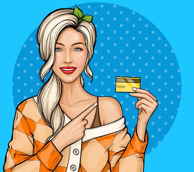 Blond meisje met plastic creditcard in de hand in pop-art stijl