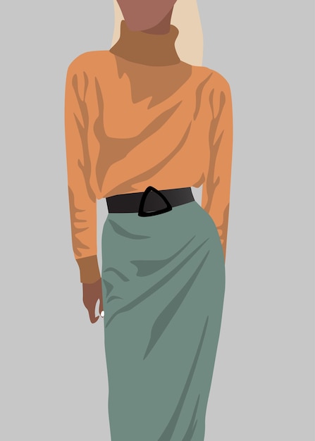 Gratis vector blonde vrouw gekleed in oranje trui en groene rok.