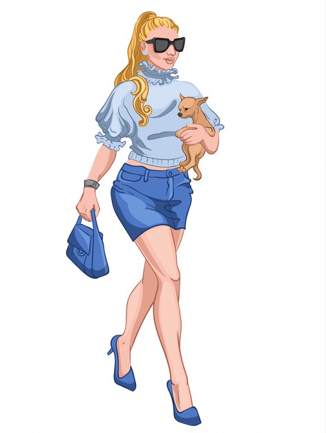 Blonde vrouw in lichtblauwe blouse, rok, hoge hakken, handtas en zwarte zonnebril die haar hond vasthoudt tijdens het wandelen. Elegant en stijlvol