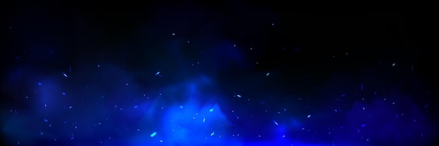 Gratis vector blue fire overlay met vonk ember vlam en rook realistische achtergrond vliegend licht ijs energie deeltje neon verbrande stoom textuur 3d twinkle glans van koud poeder in lucht panoramische vector hekserij