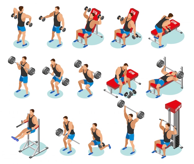 Gratis vector body building isometrische pictogrammen