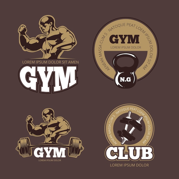 Bodybuilder en sportschool vintage emblemen. bodybuilder sportschool, logo barbell, kracht bodybuilder spier, atleet bodybuilder label illustratie