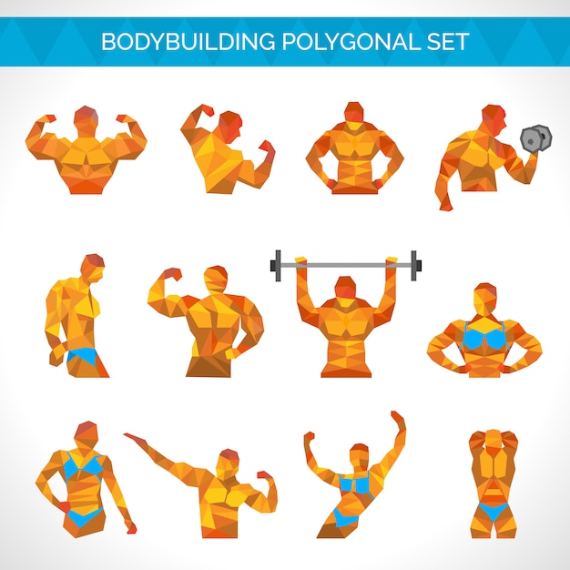 Bodybuilding veelhoekige icons set