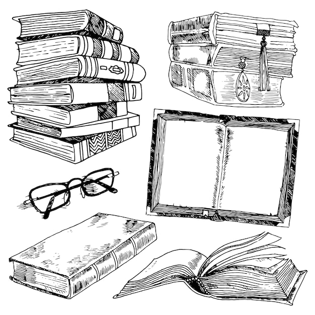 Boek en bril bibliotheek collectie zwarte schets decoratieve pictogrammen set geïsoleerde vector illustratie