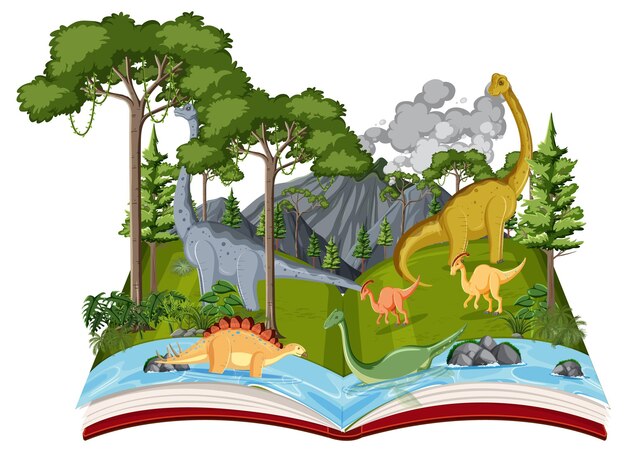 Boek met scène van dinosaurussen in bos