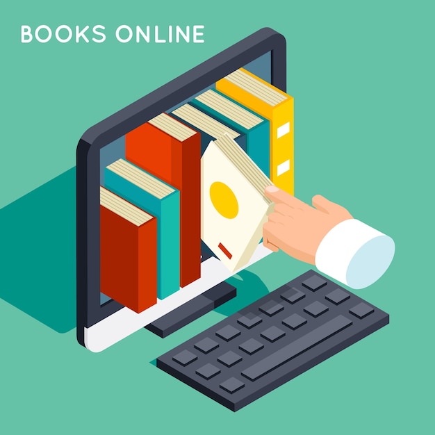 Gratis vector boeken online bibliotheek isometrische 3d platte concept. internetkennis, web online, studietechnologie, computerscherm,