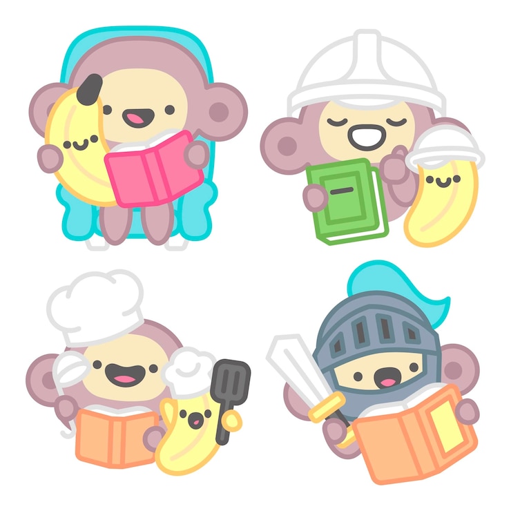 Gratis Vector boeken sticker collectie met aap en banaan