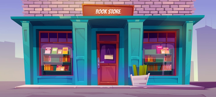 Gratis Vector boekenwinkel in huis op stadsstraat