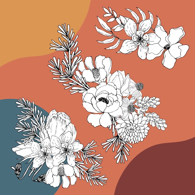 Gratis vector boeket bloemen lijntekeningen tropische. decoratieve bloeiende planten.