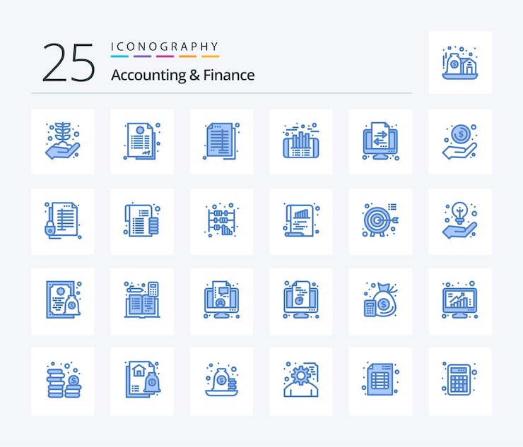 Gratis Vector boekhouding en financiën 25 blue color-pictogrampakket inclusief bankboekhouding, boekhouding, investeringsboekhouding