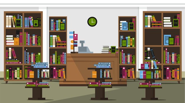 Boekwinkel illustratie Lege school universiteit openbare bibliotheek verschillende boeken en studenten leerboeken op planken en kassier bureau binnenshuis