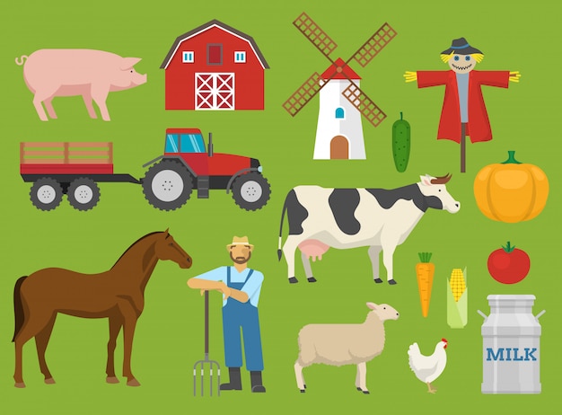 Gratis vector boerderij decoratieve platte elementen instellen