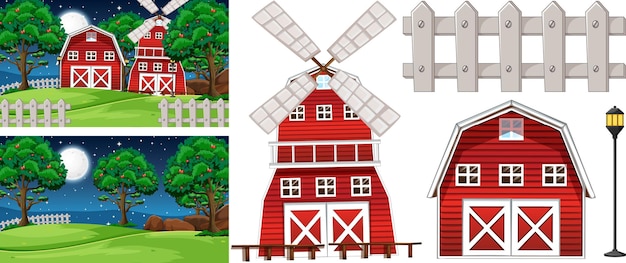 Gratis vector boerderij element set geïsoleerd met boerderij scence