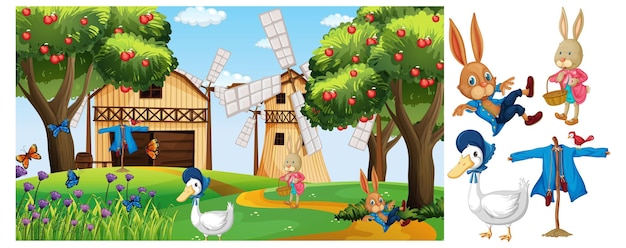 Gratis vector boerderij element set geïsoleerd met boerderij scene