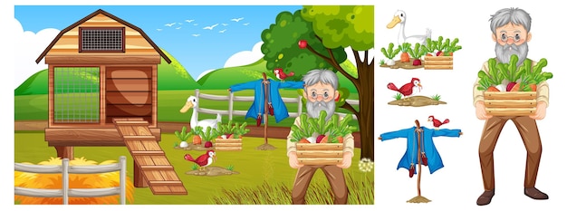 Gratis vector boerderij element set geïsoleerd met boerderij scene