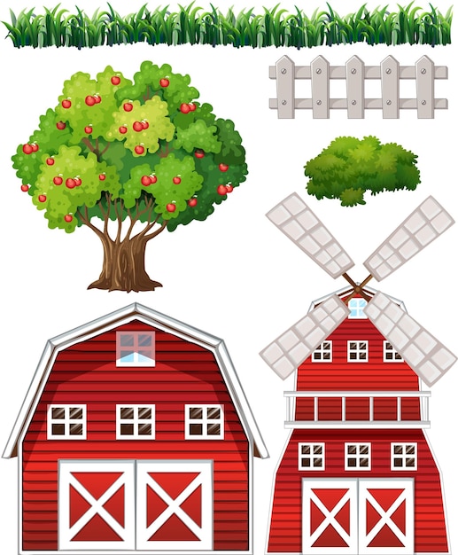 Gratis vector boerderij element set geïsoleerd op een witte achtergrond