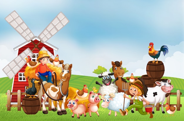 Boerderij in aardscène met windmolen en dierenboerderij