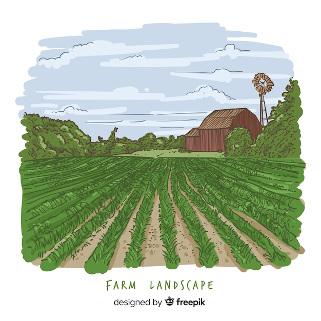 Gratis vector boerderij landschap in hand getrokken stijl