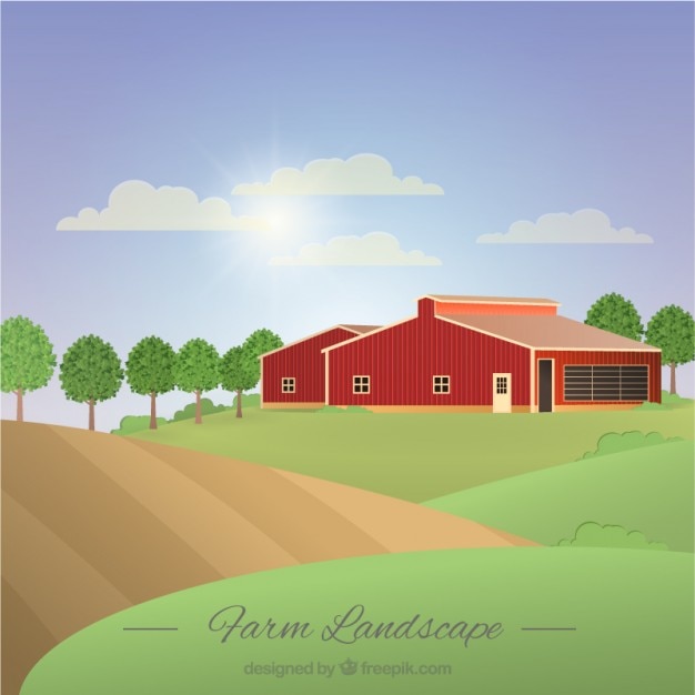 Gratis vector boerderij landschap met een schuur in een zonnige dag
