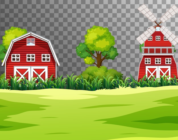 Gratis vector boerderij met rode schuur en windmolen op transparant