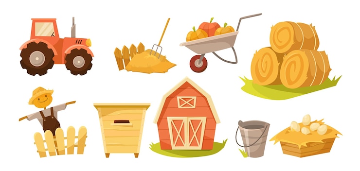 Gratis Vector boerderij of platteland elementen vector illustraties set. cartoon tekeningen van tractor, hooibalen, vogelverschrikker van stro, schuur of rood huis geïsoleerd op een witte achtergrond. landbouw, landbouwconcept