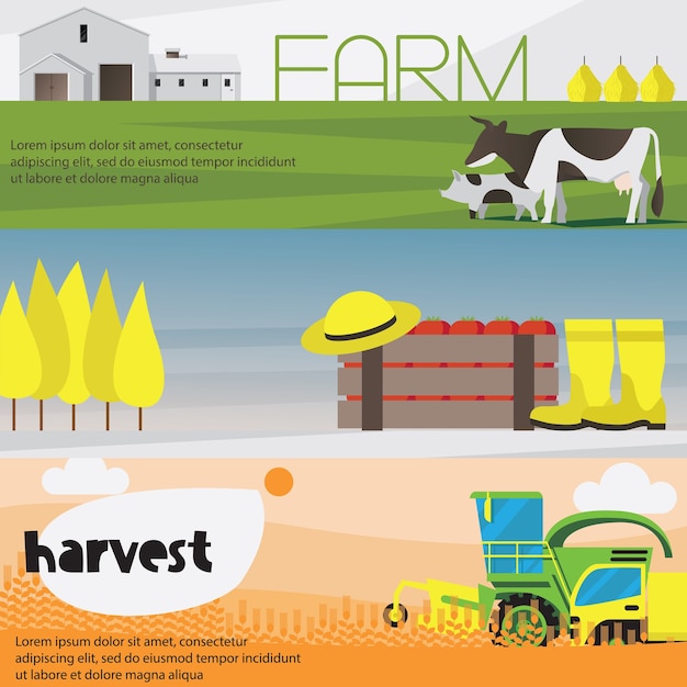 Gratis vector boerderij oogst horizontale banners geplaatst geïsoleerd