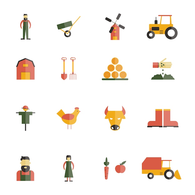 Gratis vector boerderij pictogram platte set