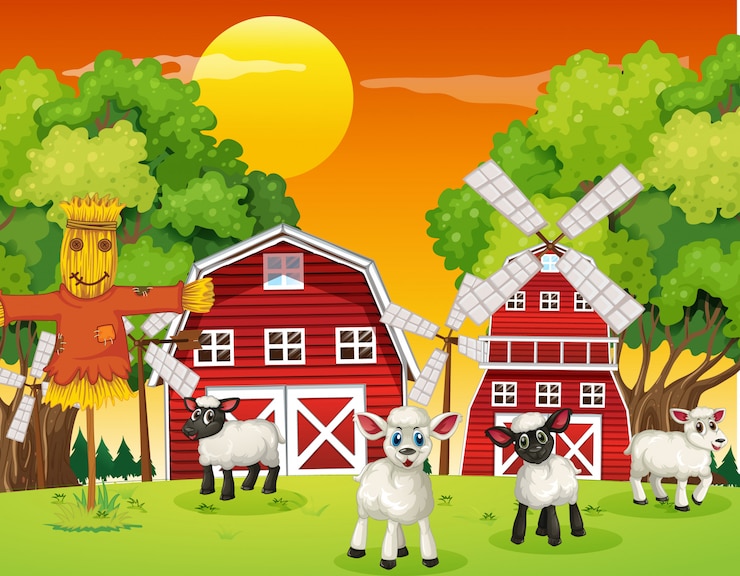 Gratis Vector boerderij scène in de natuur met schuur en windmolen en schapen
