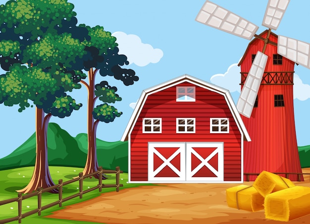 Gratis vector boerderij scène in de natuur met schuur en windmolen