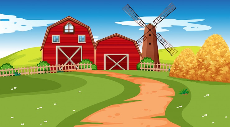 Gratis Vector boerderijscene in de natuur met schuur