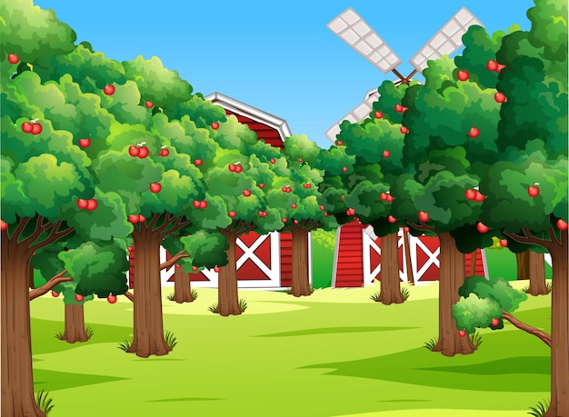 Gratis vector boerderijscène met veel appelbomen